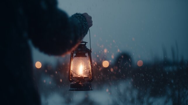 A person holds a glowing lantern during a snowy evening, creating a warm and nostalgic atmosphere in a winter landscape.