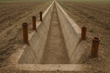 Obraz premium A concrete water channel stretches into the distance, meticulously designed to facilitate efficient irrigation, it shows precision and engineering marvel. 