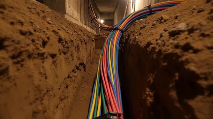 Bundled electrical cables installed in an underground trench during infrastructure development