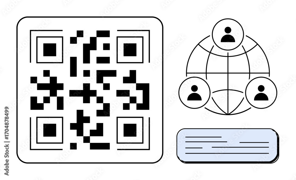 Poster qr code, globe with user icons connected, and text block emphasize technology, networking, identity,