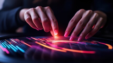 A close-up of hands interacting with glowing data visualizations, showcasing the intersection of technology and creativity.