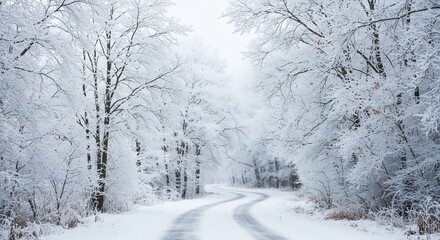 Fototapeta premium 静寂な冬の森 雪化粧した道 幻想的な光. AI Generated