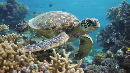 Green Sea Turtle Swimming Quietly in Clear Waters Near Coral Reef, Marine Life Serenity
