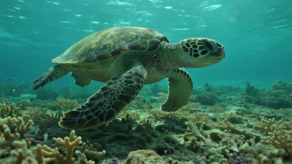 Obraz premium Green Sea Turtle Swimming Quietly in Clear Waters Near Coral Reef, Marine Life Serenity