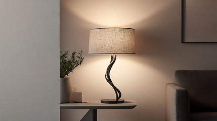 Table lamp with a sculptural twisted metal frame and soft linen shade, placed on a minimal side table with muted decor