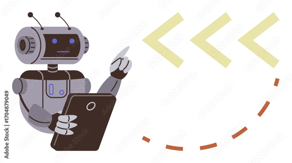 Poster robot holding a tablet, interacting with digital elements, surrounded by directional arrows. ideal f