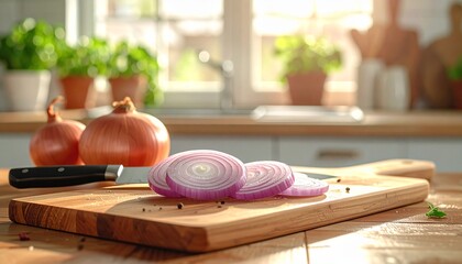 Slicing red onions on a wooden cutting board with a stainless steel kitchen knife