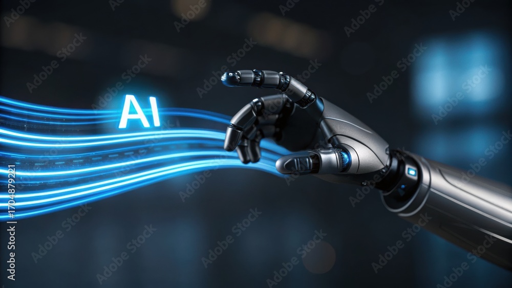 Aufkleber ai automatic task system. a robotic hand interacts with flowing digital elements, symbolizing artifi