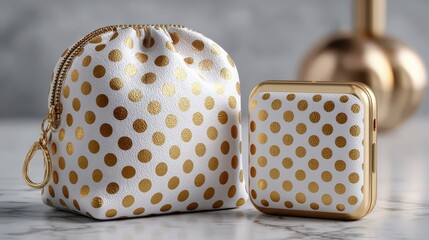 White cellphone with gold polka dots and gold frame surrounded by golden spheres on light blue background, minimalist