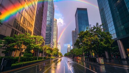 Obraz premium A bright rainbow stretches over the skyscrapers of a modern city after the rain.