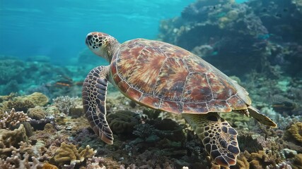 Obraz premium Green Sea Turtle Swimming Quietly in Clear Waters Near Coral Reef, Marine Life Serenity