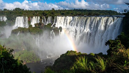 Fototapeta premium A small rainbow appeared under the waterfall that fell heavily, the light of the morning sun