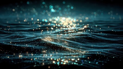 Ocean waves with abstract glowing particles and bokeh reflecting sunlight at evening in calm and peaceful scenic beauty