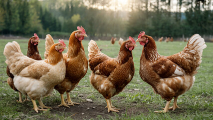 Free range hens exploring the farmyard in the golden hour light, happy and healthy chickens