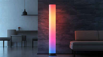 Tall minimalist column lamp with a glowing gradient effect, standing in front of a slate accent wall and clean furniture design