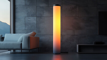 Tall minimalist column lamp with a glowing gradient effect, standing in front of a slate accent wall and clean furniture design