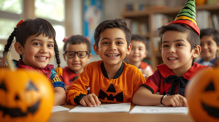 "Group of Kids in Halloween Costumes Having Fun Indoors"

