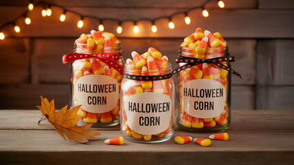 Three jars filled with halloween candy corn on a wooden surface with string lights behind them all lit up .