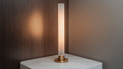 Tall, slender lamp with a frosted vertical tube design and brass base, softly illuminating a white marble tabletop in a modern corner