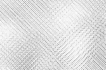 Radial halftone dots. Spotted and dotted stains gradient background. Concentric comic texture with fading effect. Black and white rough gritty wallpaper. Grunge monochrome geometric backdrop. Vector