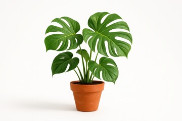 Fototapeta premium Vibrant monstera houseplant in a terracotta pot isolated on pure white with soft shadow and clean clipping path