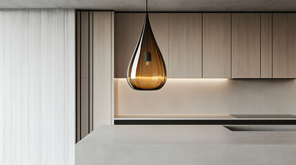 Teardrop-shaped hanging lamp in smoked glass above a minimalist kitchen island with light concrete countertop