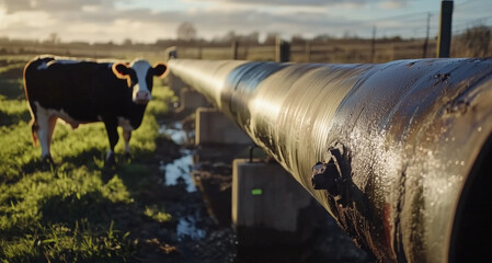 Cow stands near large, shiny pipeline rural setting, surrounded by green grass and tranquil landscape. scene captures essence of farm life