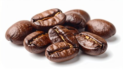 Obraz premium Roasted brown coffee beans, isolated on a white background, ready for your morning espresso