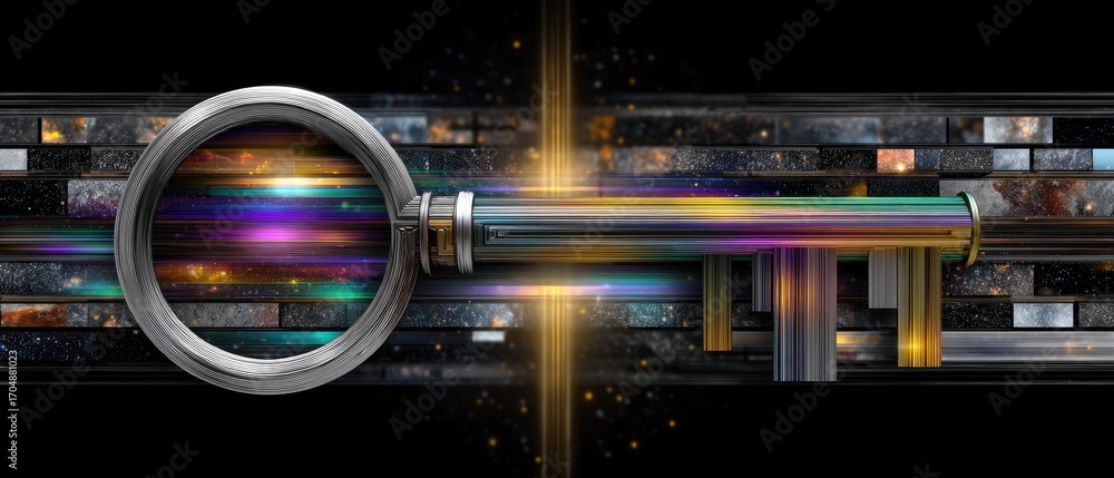 Poster artistic technique symbolic concept. a futuristic key design with vibrant colors and sparkles agains