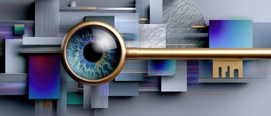artistic technique symbolic concept. Abstract design featuring a key, eye, and geometric shapes in a modern style.