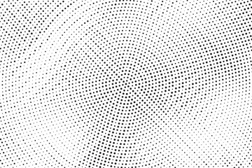 Radial halftone gradient background. Dotted concentric texture with fading effect. Black and white circle shade wallpaper. Grunge rough vector. Monochrome backdrop