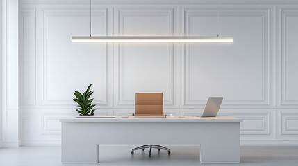 Thin suspended light bar in matte silver, stretching over a minimalist desk with warm white walls and clean lines