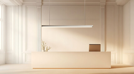 Thin suspended light bar in matte silver, stretching over a minimalist desk with warm white walls and clean lines