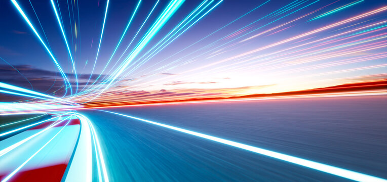 3d rendering speeding on futuristic racetrack at sunset