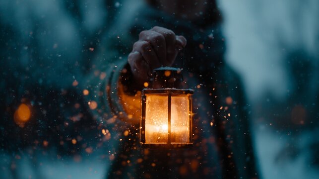 A person holds a glowing lantern in a snowy, wintry scene, creating a cozy, atmospheric contrast against the cold environment.