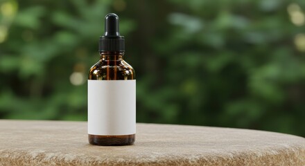 Naklejka premium Amber Glass Bottle with Dropper on Stone Surface.