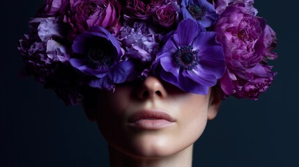 Striking portrait of a woman wearing a vibrant, purple floral crown, blending elegance and creativity in a unique fashion statement.