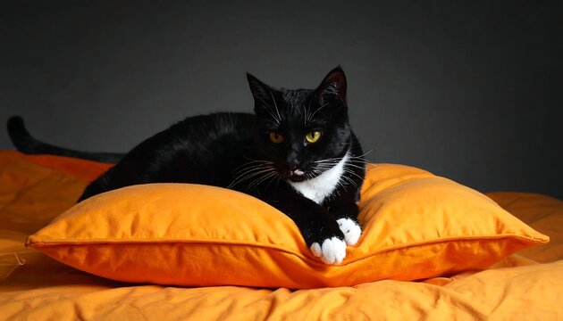 Black and white cat on an orange pillow