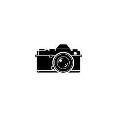 A black silhouette icon of a vintage SLR film camera isolated on a white background.
