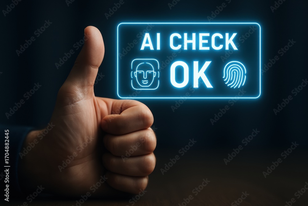 Poster ai automatic task system. hand giving a thumbs up next to a digital 