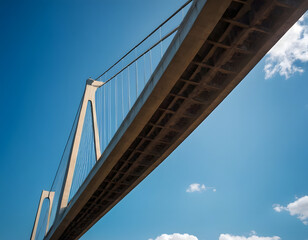 Obraz premium A photo of a bridge taken from a low angle with a blue sky in the background. represents civil engineering.