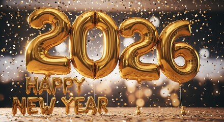 Golden balloons spell out Happy New Year 2026 with sparkling confetti, celebrating the festive holiday season.
