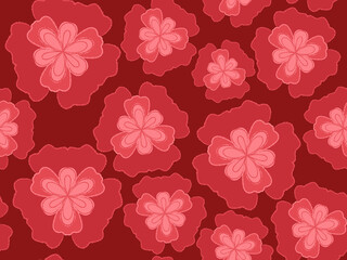 Seamless pattern of red floral blossoms and leaves