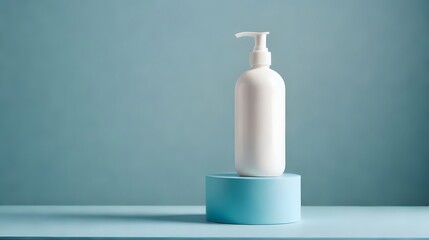 Minimalist skincare bottle on blue pedestal for modern beauty brand promotion and product showcase