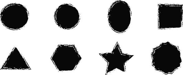 Collection of eight solid black grunge shapes with rough edges silhouette