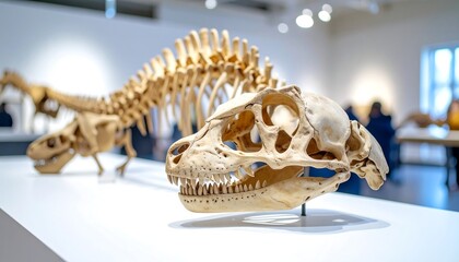 Museum scene showcasing dinosaur skeletons on display, with detailed close-up of a skull and distant figures