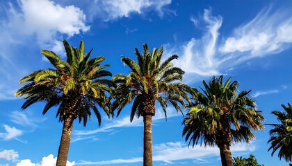 Fototapeta premium Three Palm Trees Under a Sunny Sky.