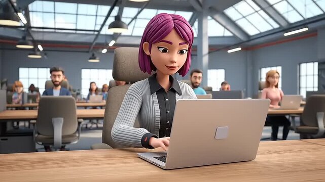 Cartoon Businesswoman Working on Laptop in Modern Office, Coworkers Background