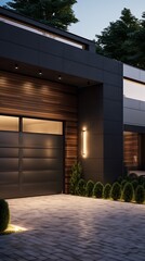 Sleek modern architecture featuring a dark facade and integrated lighting creating inviting exterior
