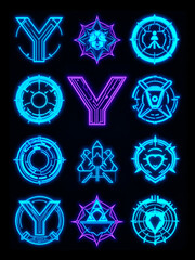 Retro geometric futuristic elements for design in neon blue color. Abstract y2k shape aesthetic set. Cyberpunk icons in psychedelic rave style.